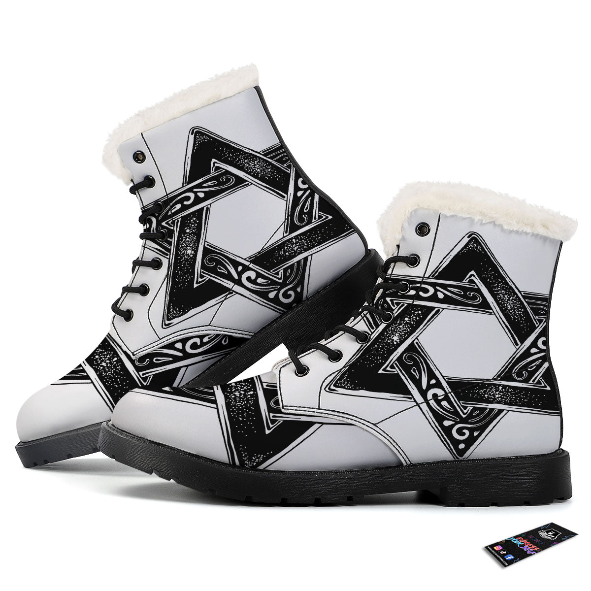 Star of David White And Black Print Winter Boots-grizzshop