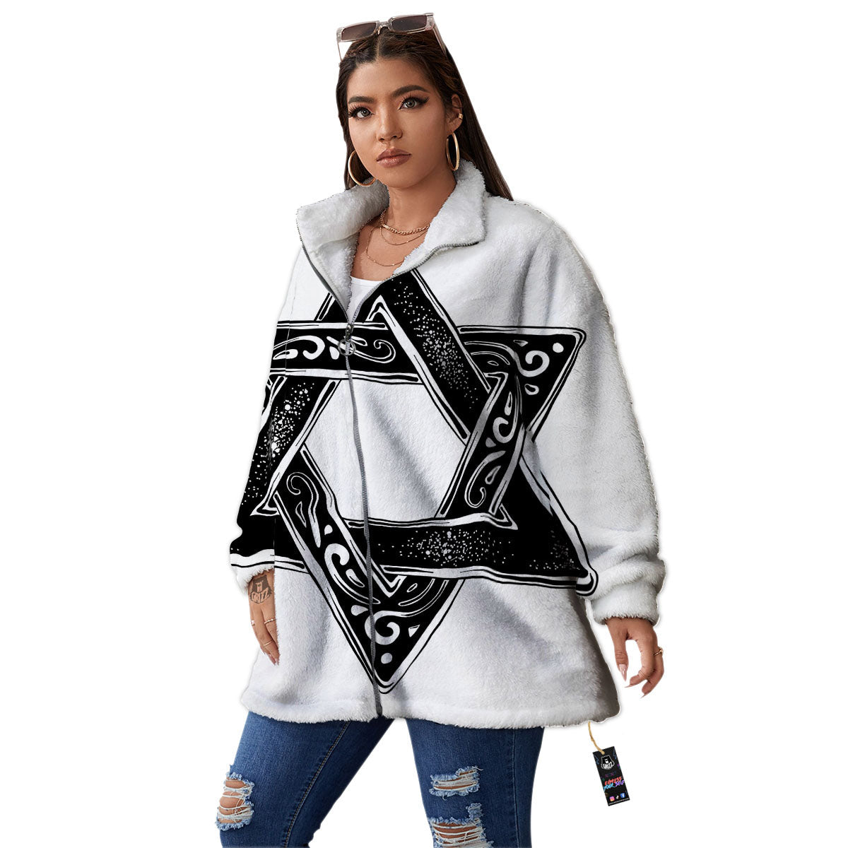 Star of David White And Black Print Women's Sherpa Jacket-grizzshop