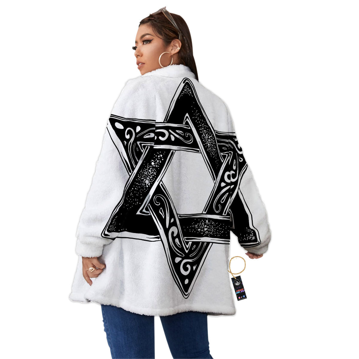 Star of David White And Black Print Women's Sherpa Jacket-grizzshop