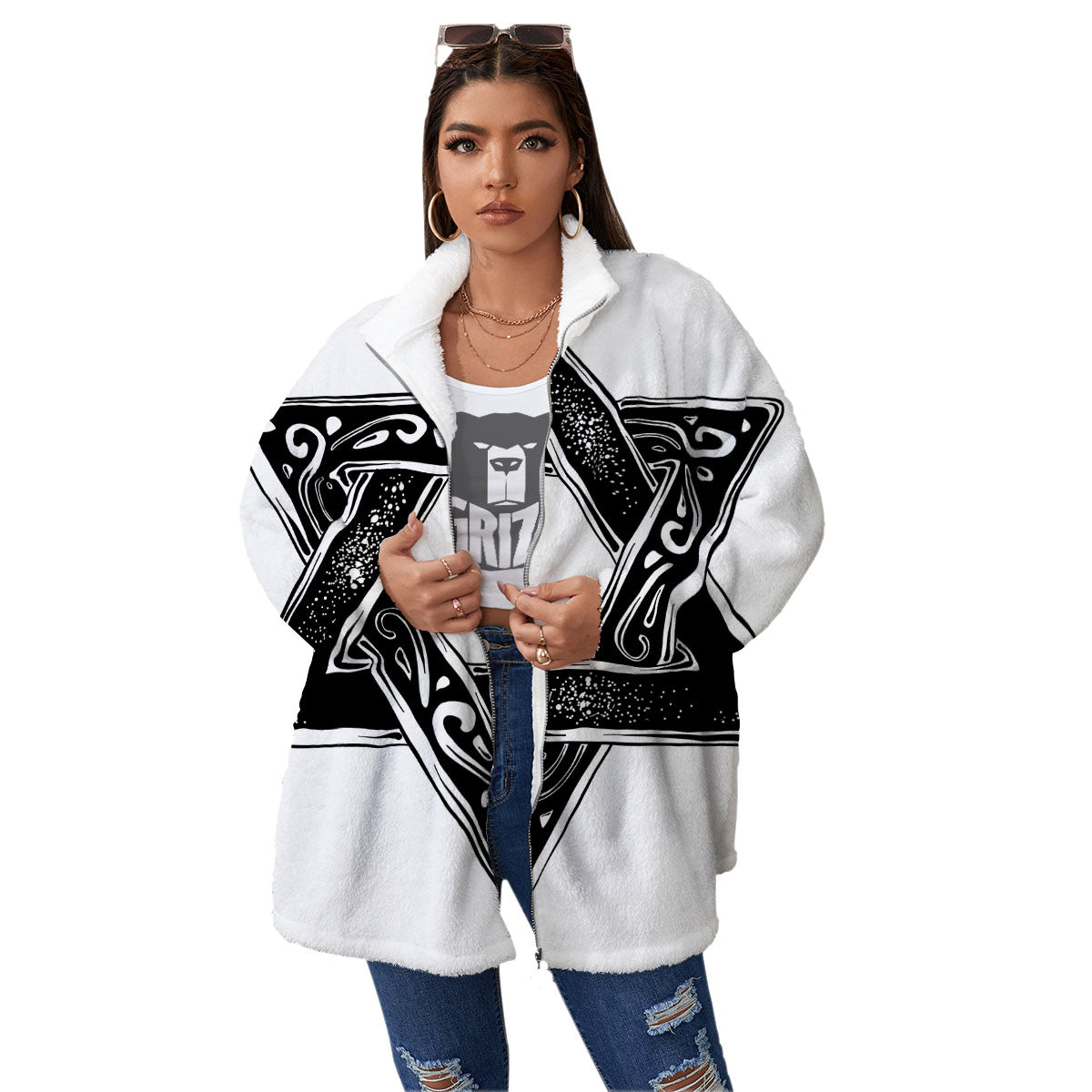 Star of David White And Black Print Women's Sherpa Jacket-grizzshop
