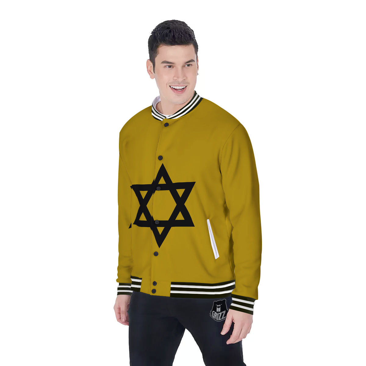 Star of David Yellow And Black Print Baseball Jacket-grizzshop