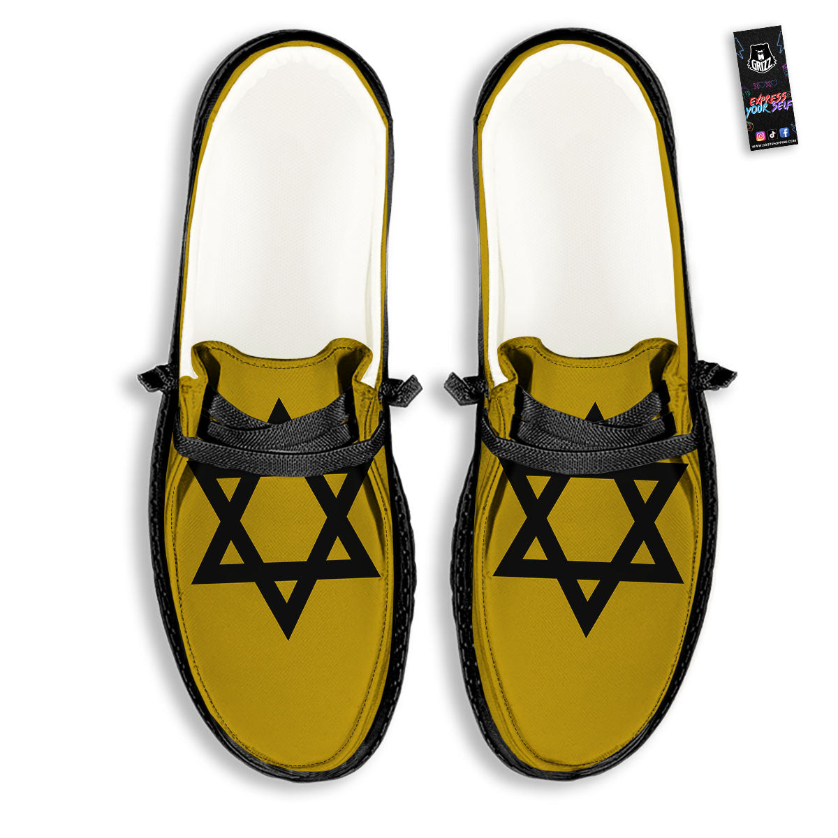 Star of David Yellow And Black Print Black Loafers-grizzshop