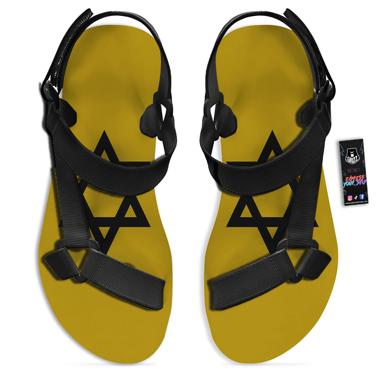 Star of David Yellow And Black Print Black Open Toe Sandals-grizzshop