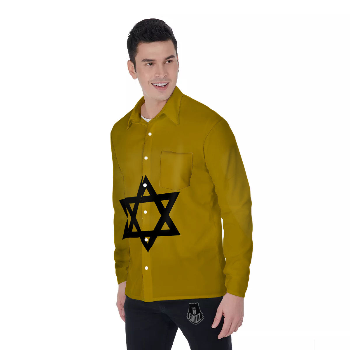 Star of David Yellow And Black Print Men's Long Sleeve Shirts-grizzshop