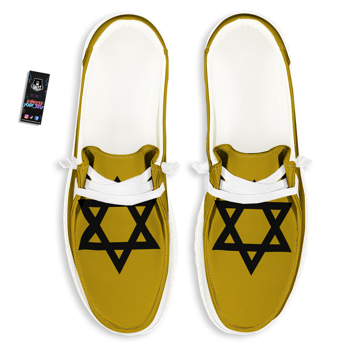 Star of David Yellow And Black Print White Loafers-grizzshop