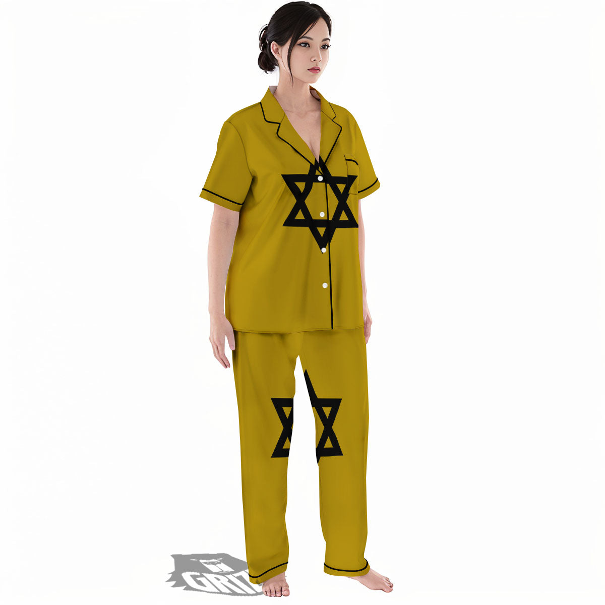 Star of David Yellow And Black Print Women's Pajamas Set-grizzshop