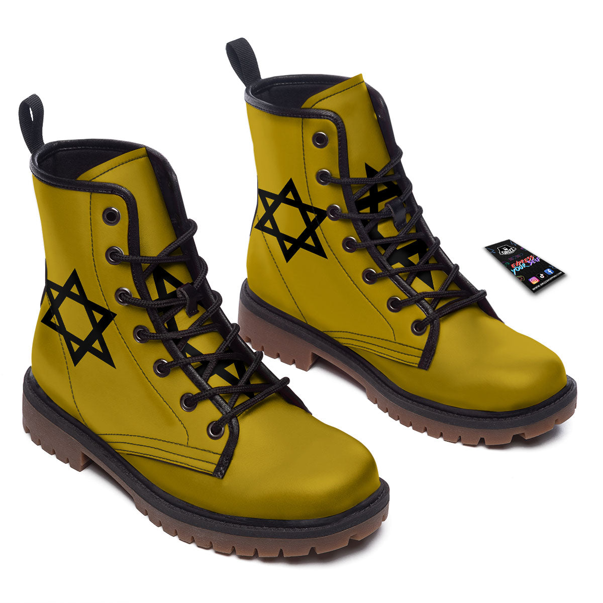Star of David Yellow And Black Print Work Boots-grizzshop