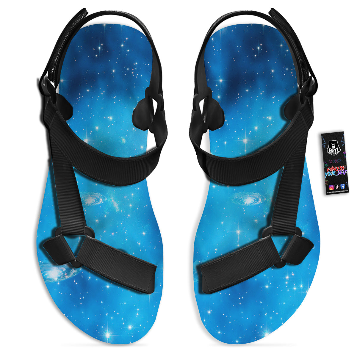 Starfield Galaxy Space Blue Cloud Print Black Open Toe Sandals-grizzshop