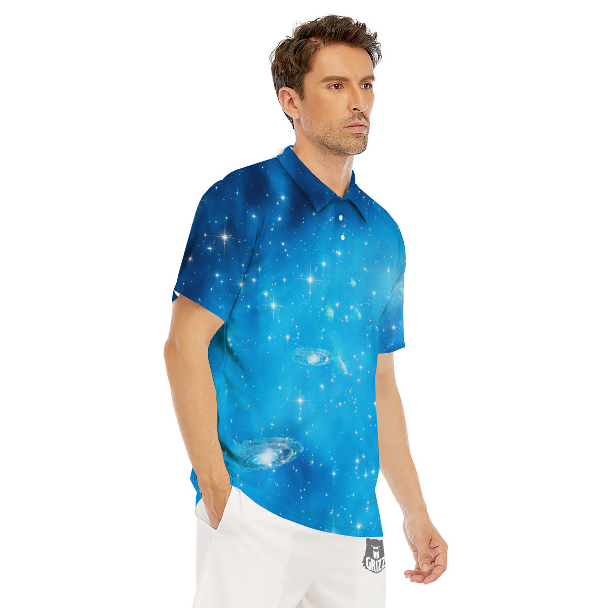 Starfield Galaxy Space Blue Cloud Print Men's Golf Shirts-grizzshop