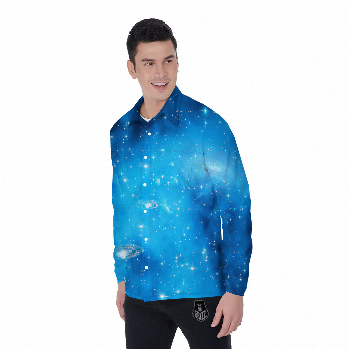 Starfield Galaxy Space Blue Cloud Print Men's Long Sleeve Shirts-grizzshop