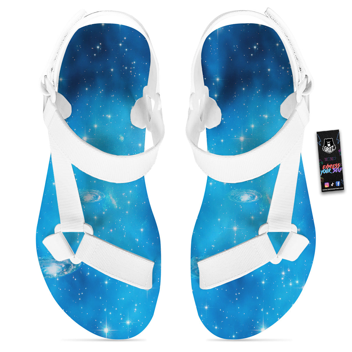 Starfield Galaxy Space Blue Cloud Print White Open Toe Sandals-grizzshop