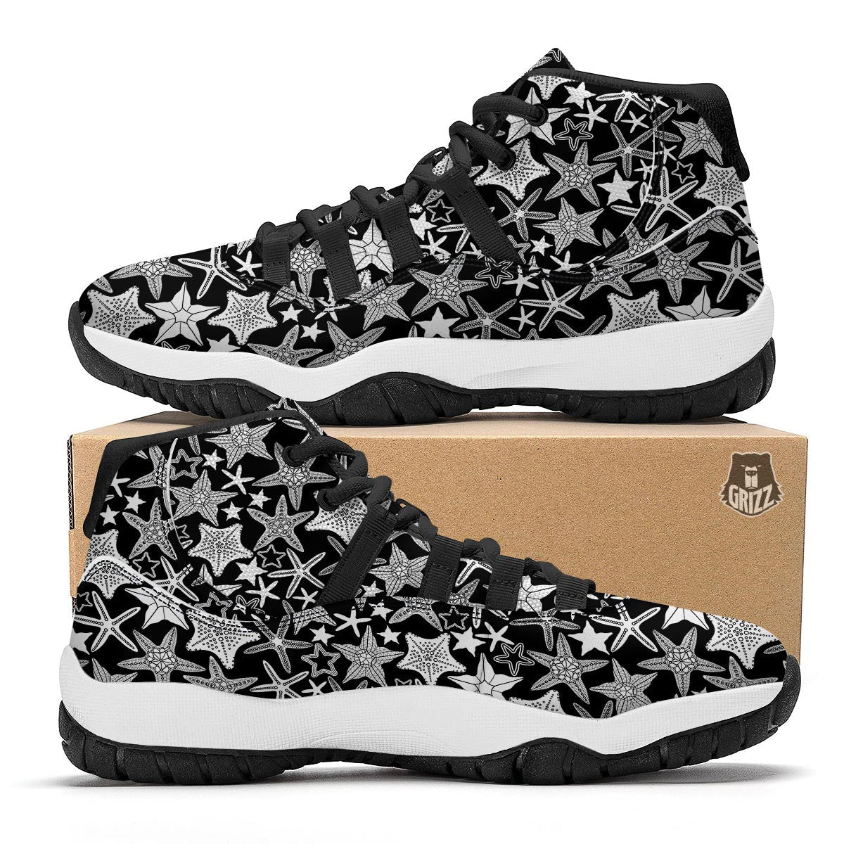 Starfish Print Pattern Black Bball Shoes-grizzshop