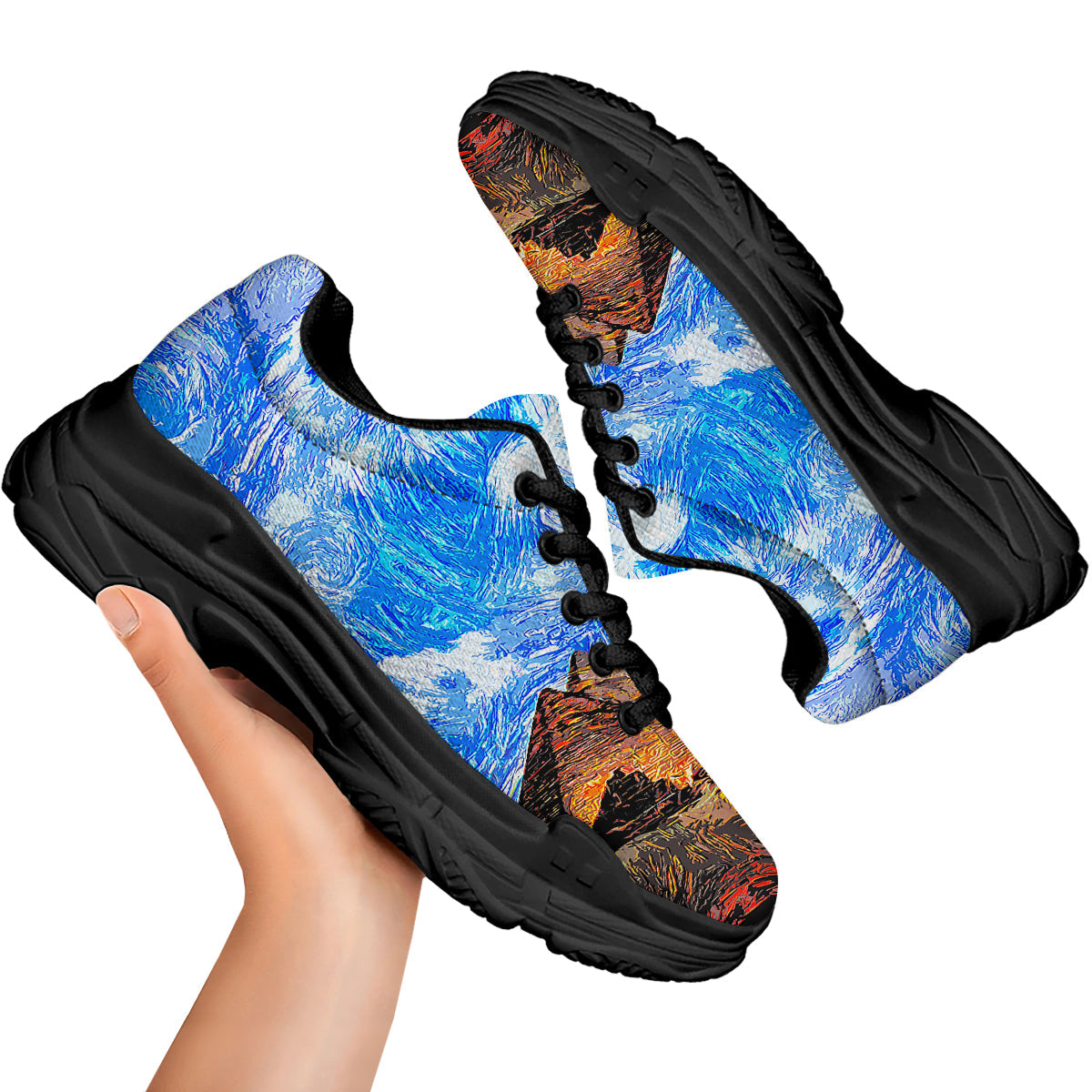 Starring Night Pyramids Print Black Chunky Shoes-grizzshop