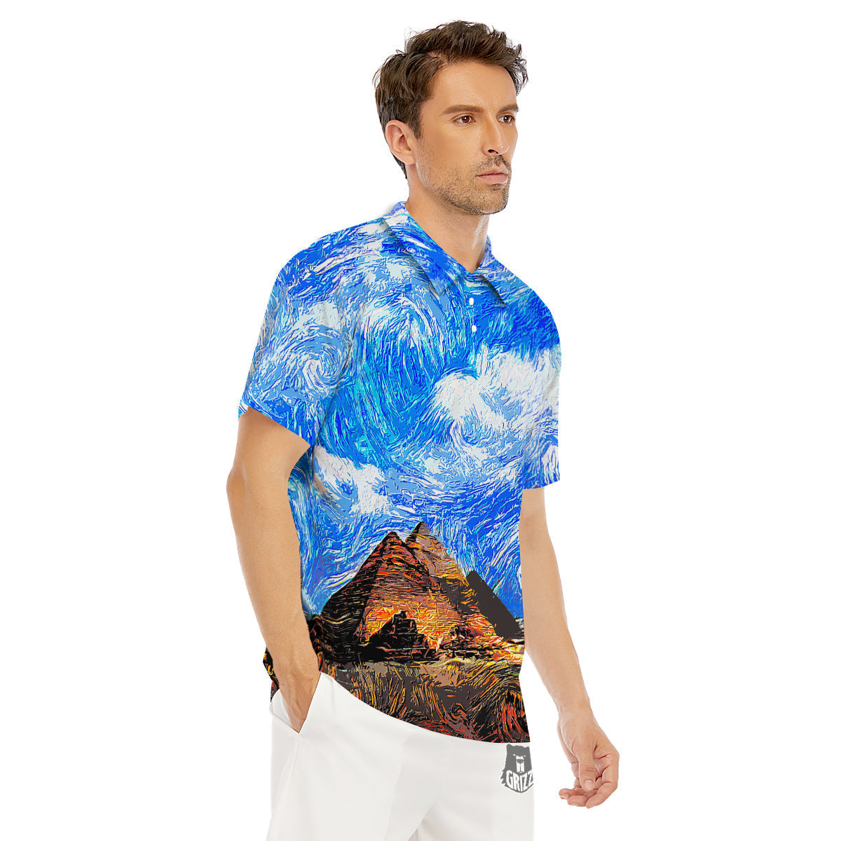 Starring Night Pyramids Print Men's Golf Shirts-grizzshop