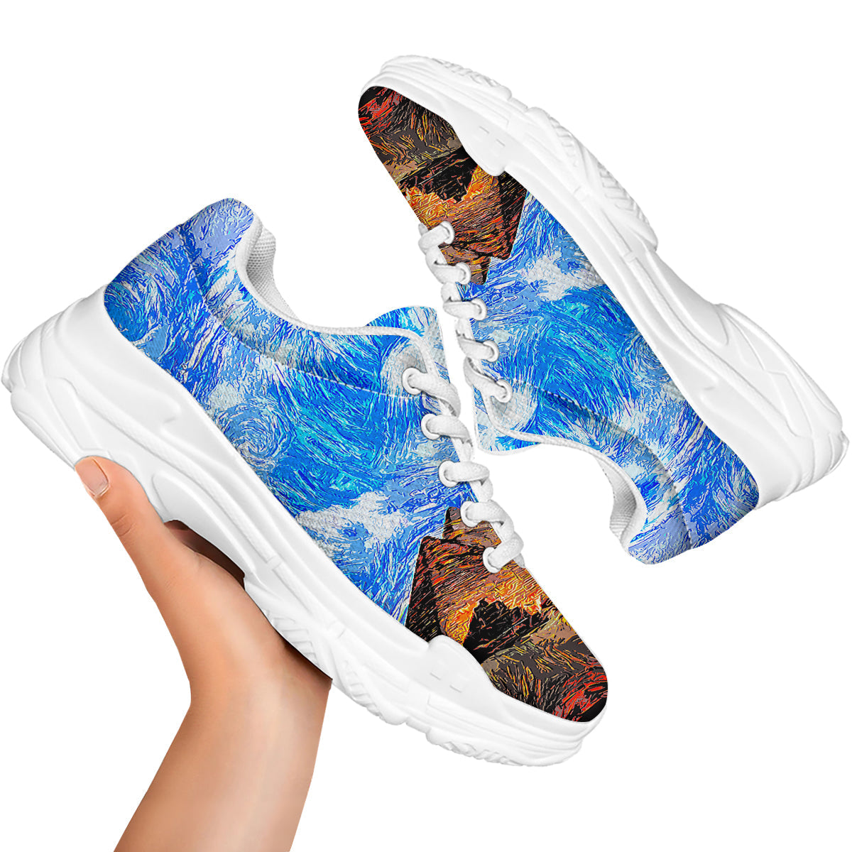 Starring Night Pyramids Print White Chunky Shoes-grizzshop