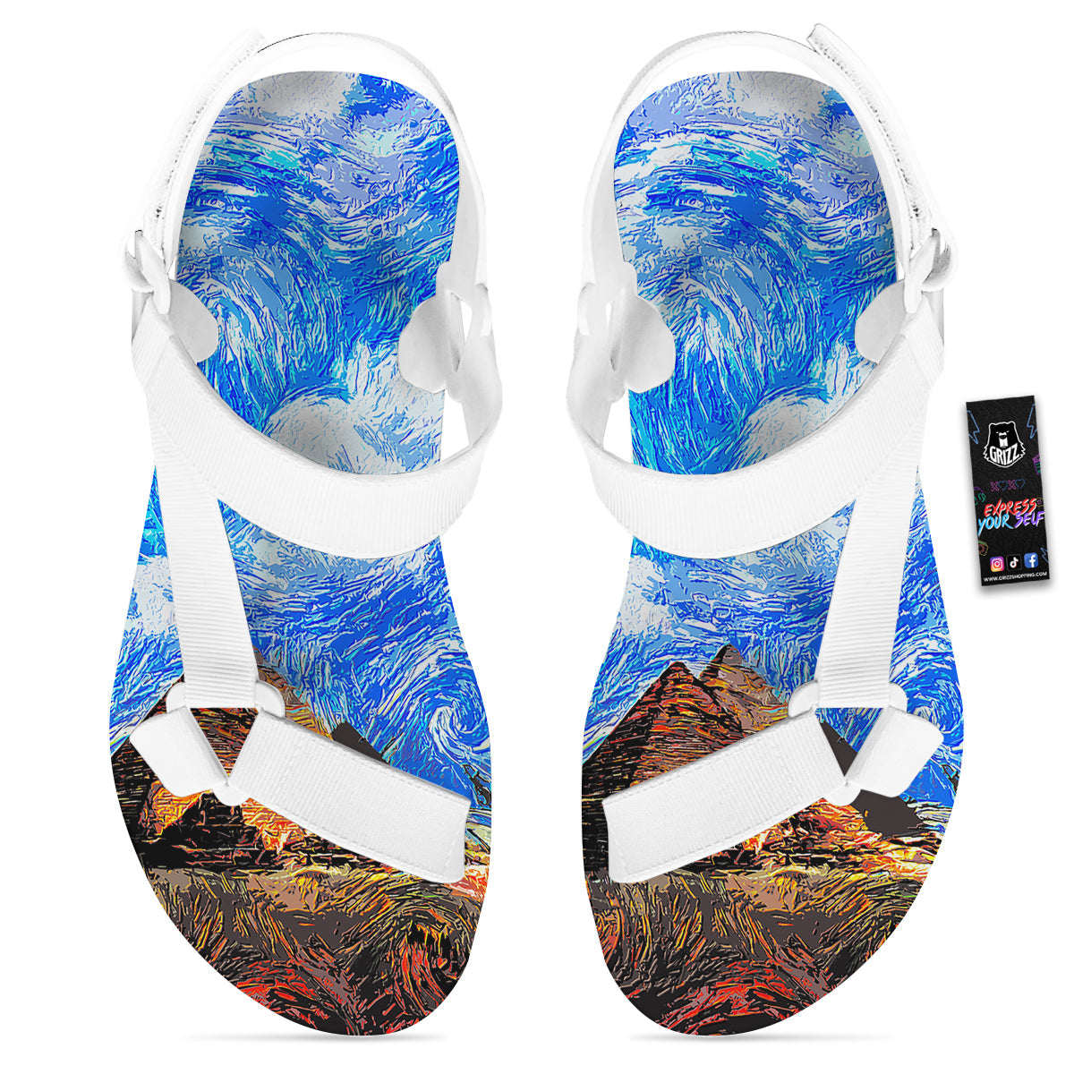 Starring Night Pyramids Print White Open Toe Sandals-grizzshop