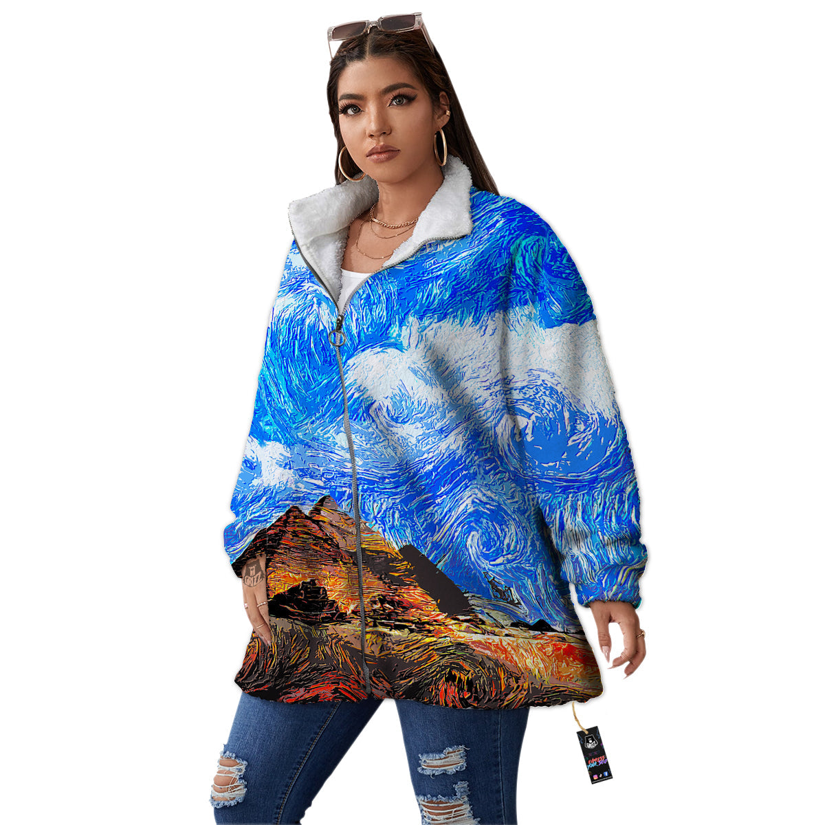 Starring Night Pyramids Print Women's Sherpa Jacket-grizzshop