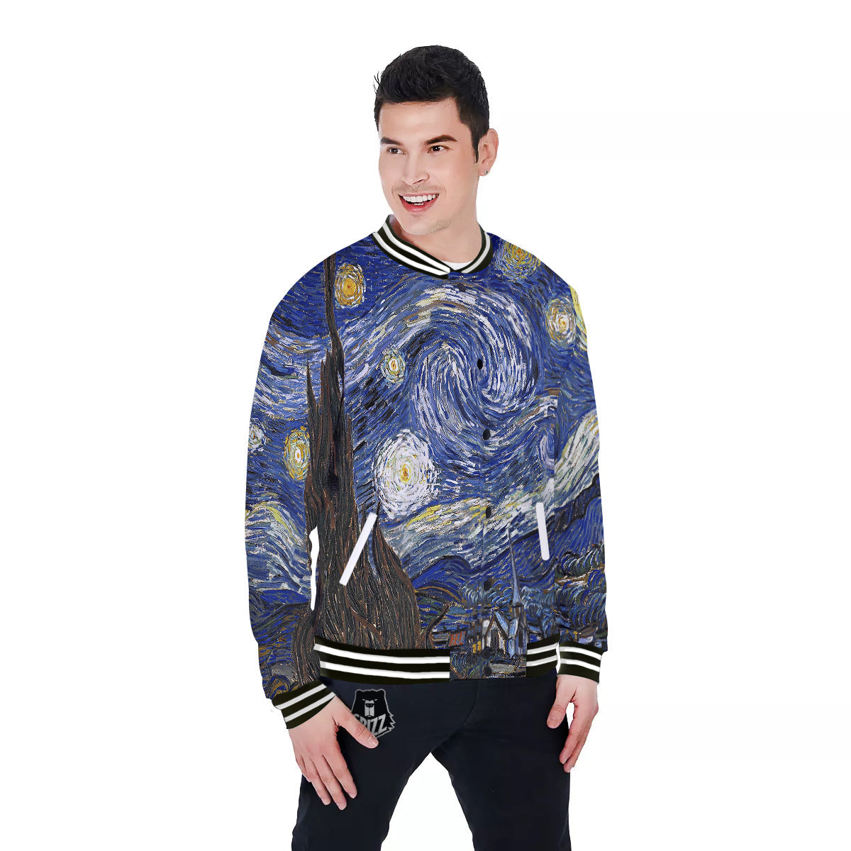 Starry Night Print Baseball Jacket-grizzshop