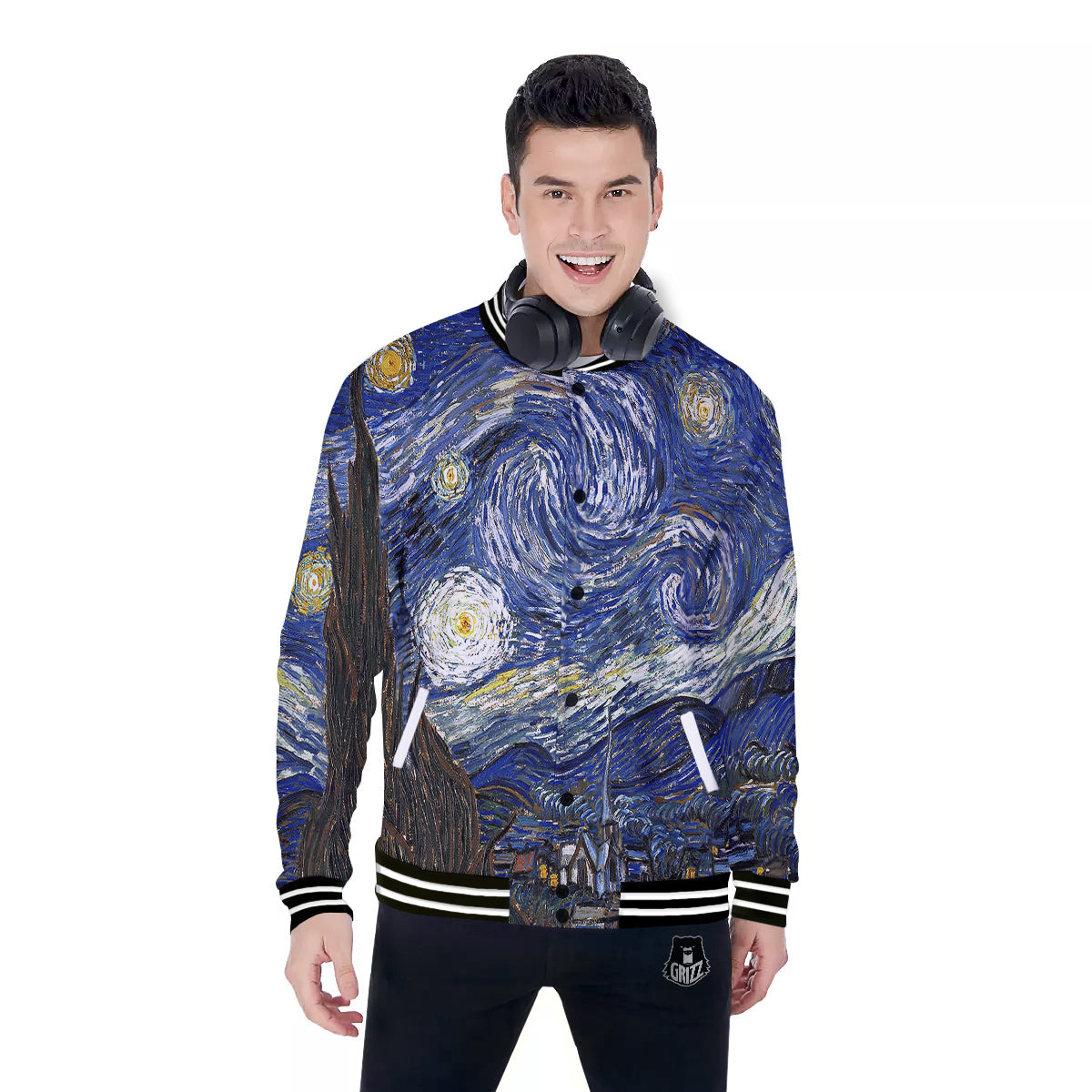 Starry Night Print Baseball Jacket-grizzshop