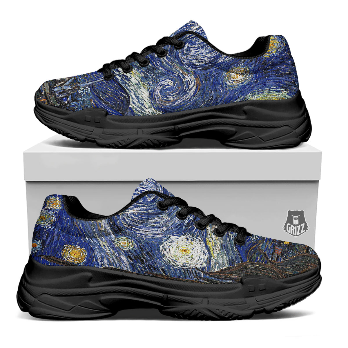 Starry Night Print Black Chunky Shoes-grizzshop