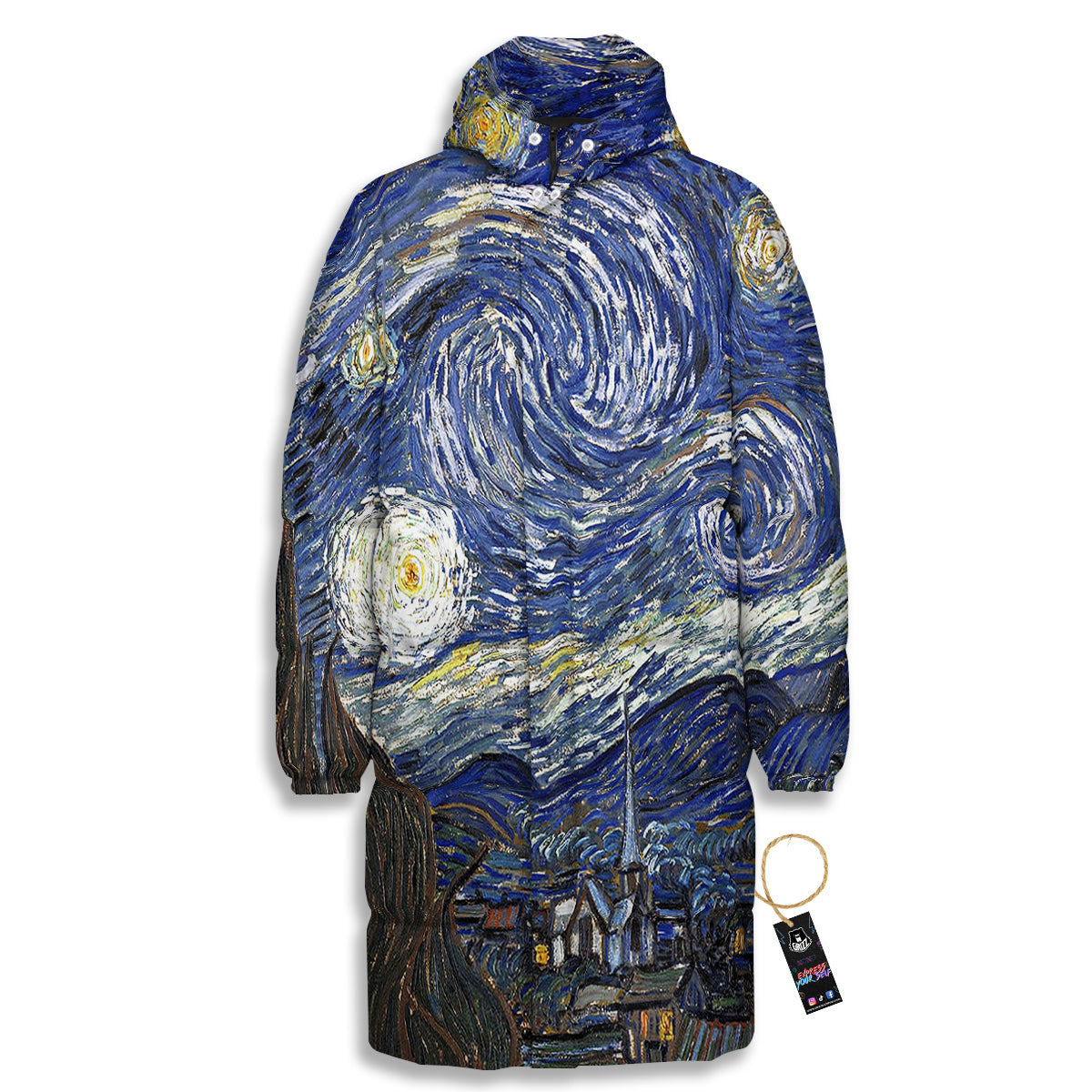 Starry Night Print Long Down Jacket-grizzshop
