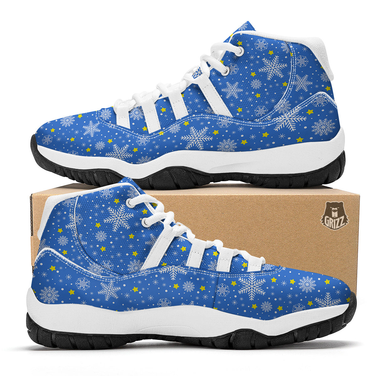 Stars And Christmas Snowflakes Print White Bball Shoes-grizzshop
