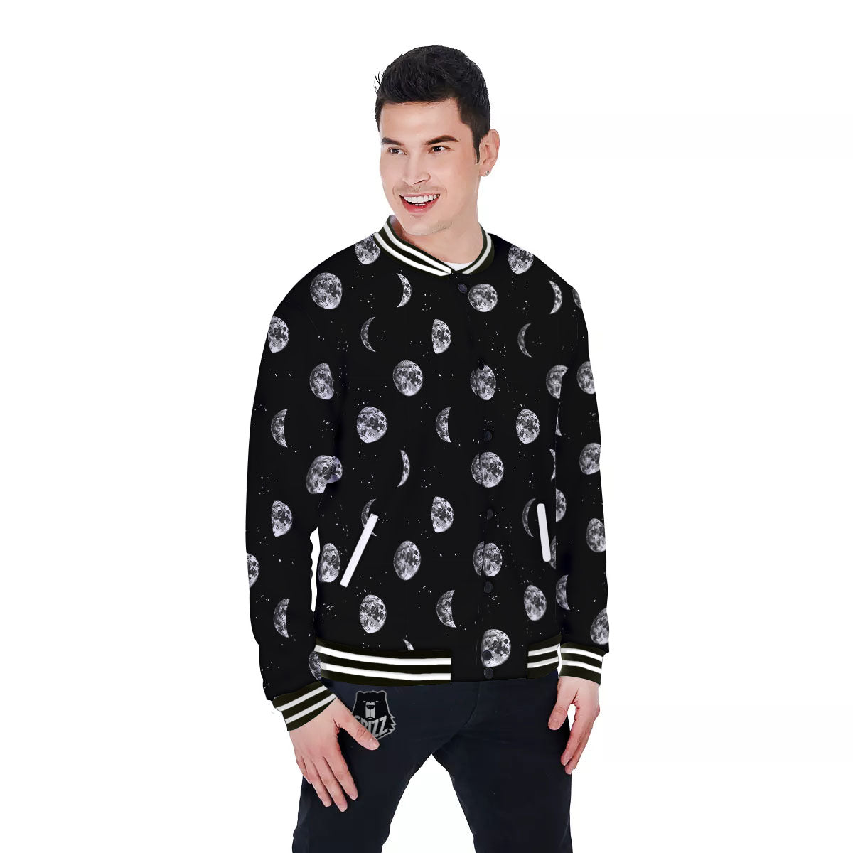Stars And Moon Phase Print Pattern Baseball Jacket-grizzshop