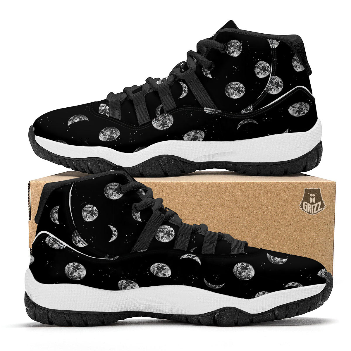 Stars And Moon Phase Print Pattern Black Bball Shoes-grizzshop