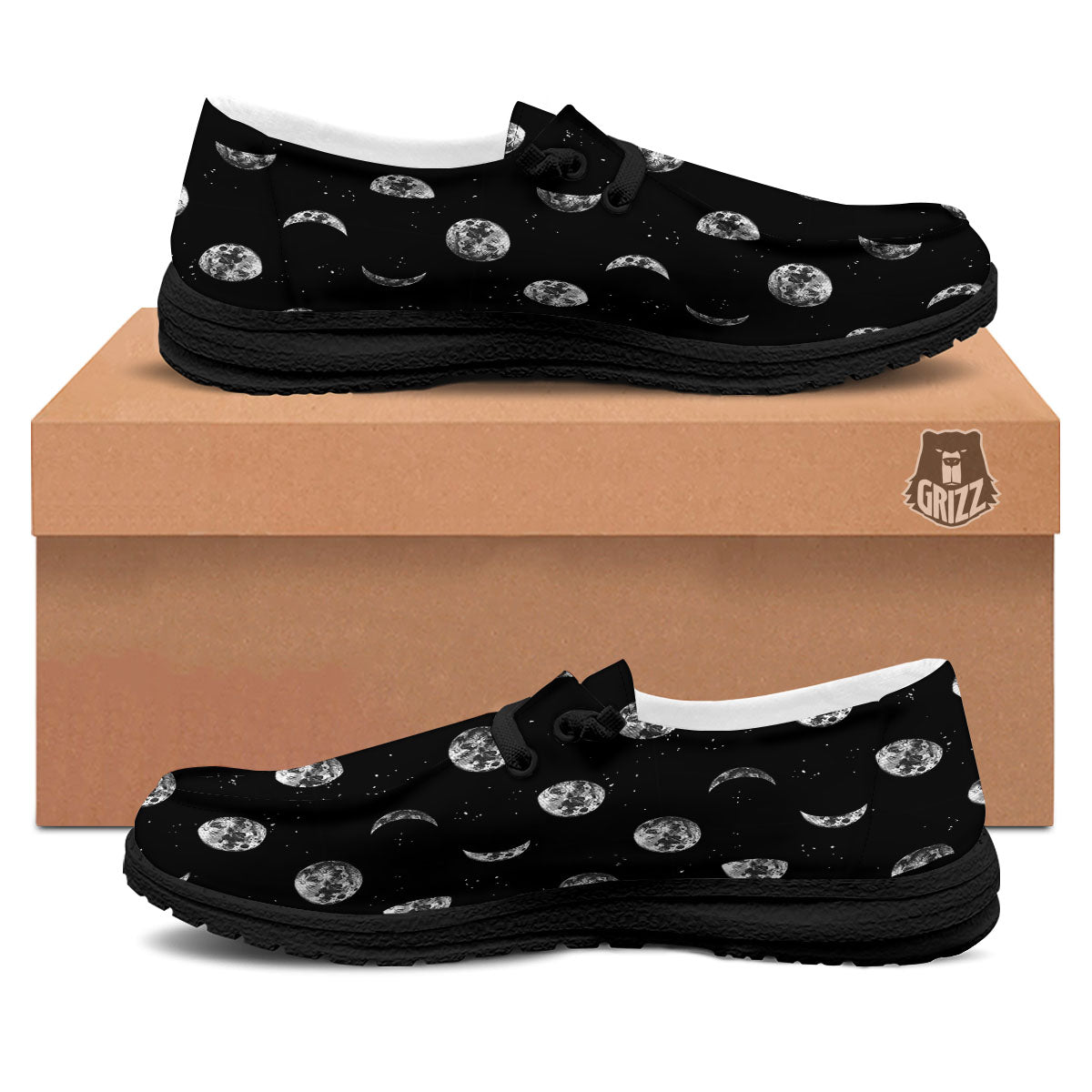 Stars And Moon Phase Print Pattern Black Loafers-grizzshop