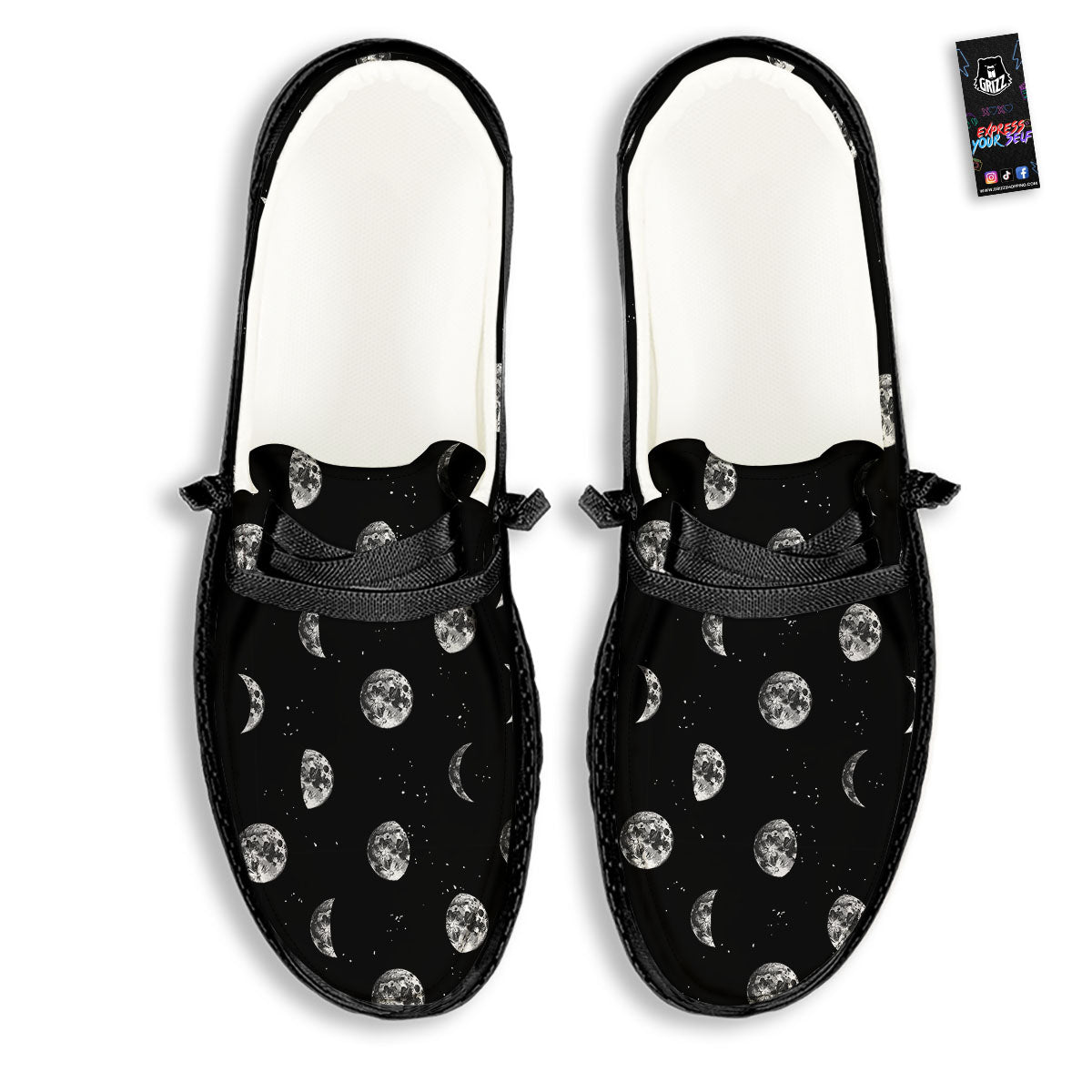 Stars And Moon Phase Print Pattern Black Loafers-grizzshop
