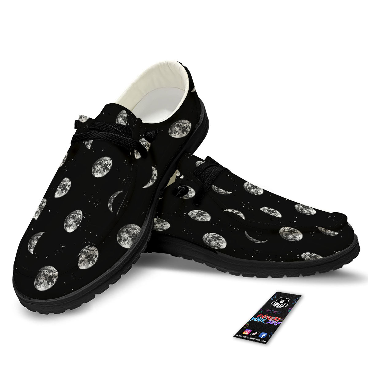Stars And Moon Phase Print Pattern Black Loafers-grizzshop