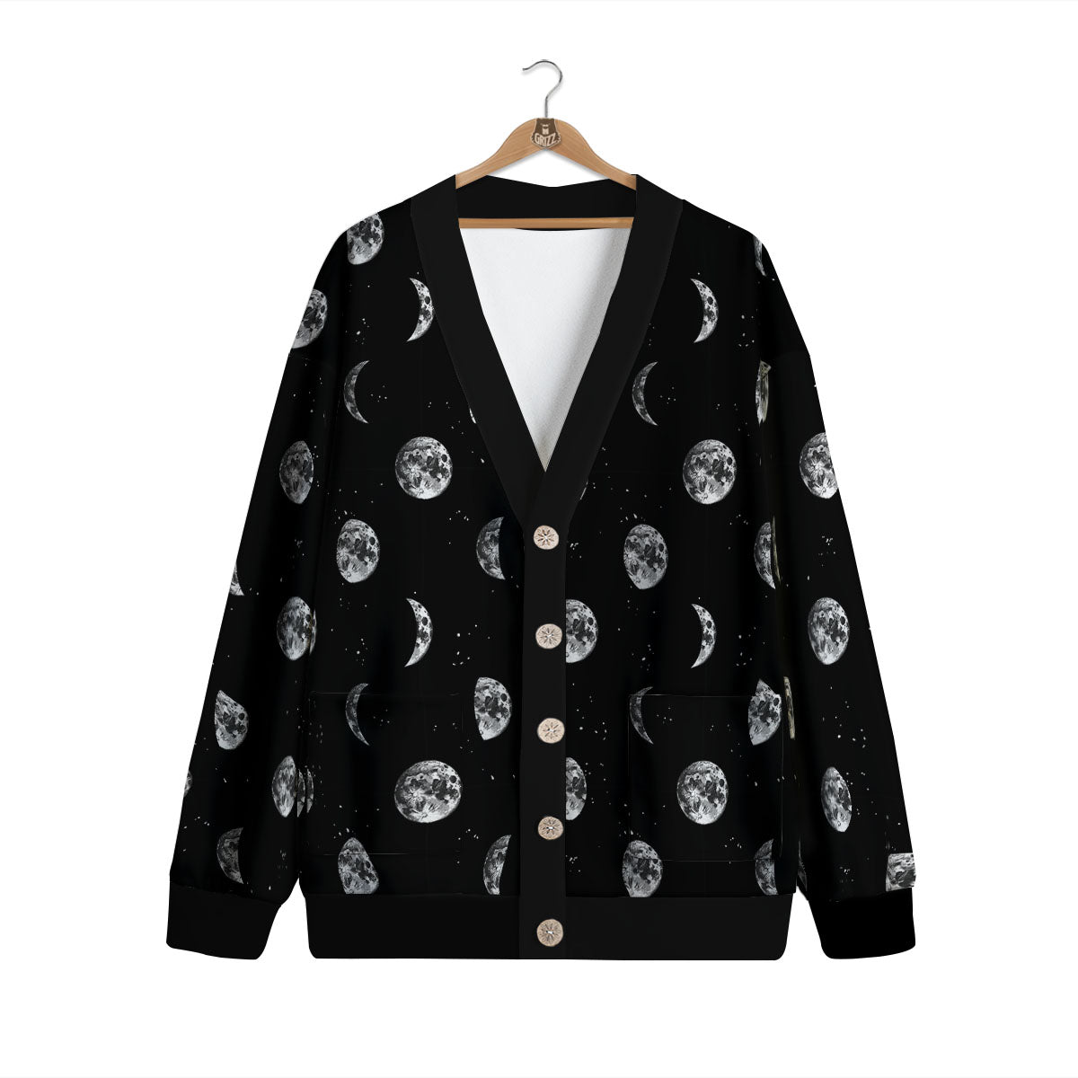 Stars And Moon Phase Print Pattern Cardigan-grizzshop