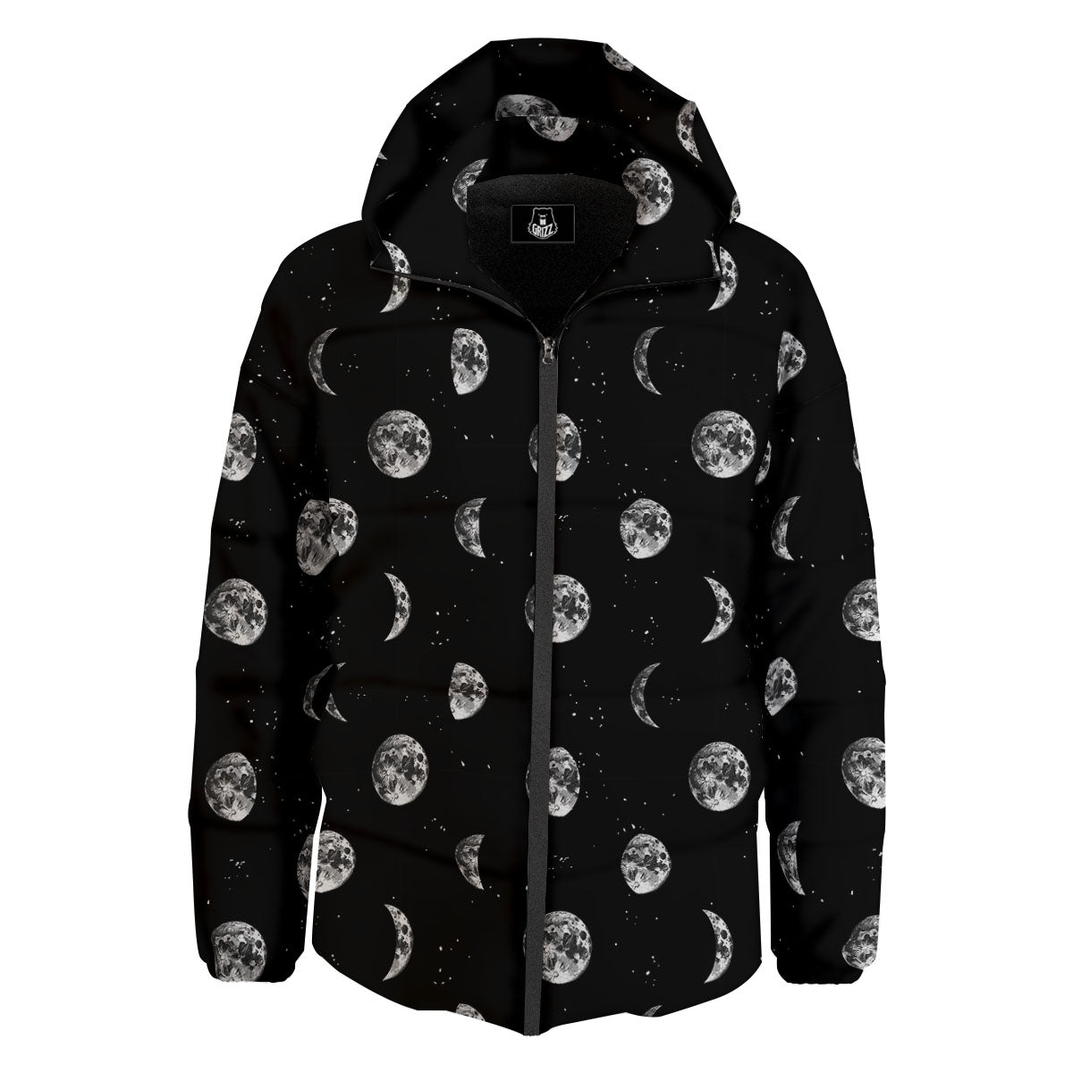 Stars And Moon Phase Print Pattern Down Jacket-grizzshop