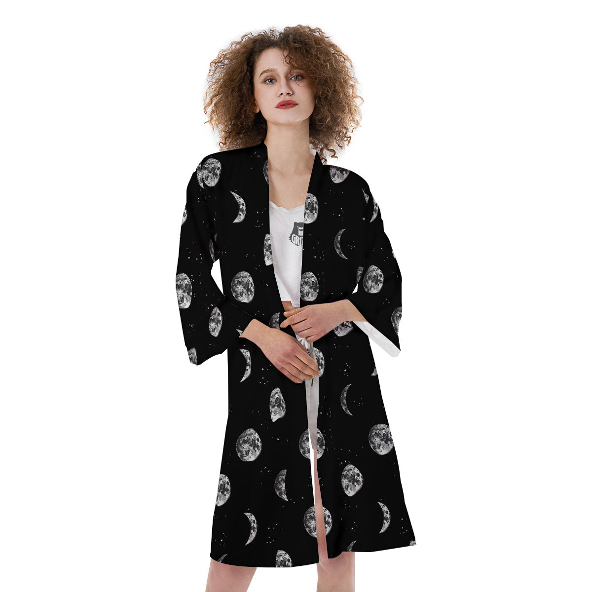 Stars And Moon Phase Print Pattern Kimono-grizzshop
