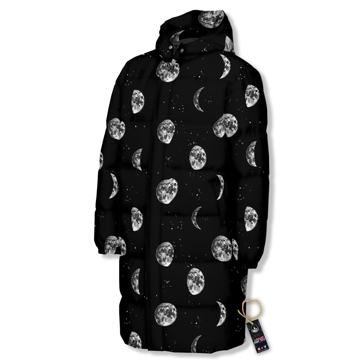 Stars And Moon Phase Print Pattern Long Down Jacket-grizzshop