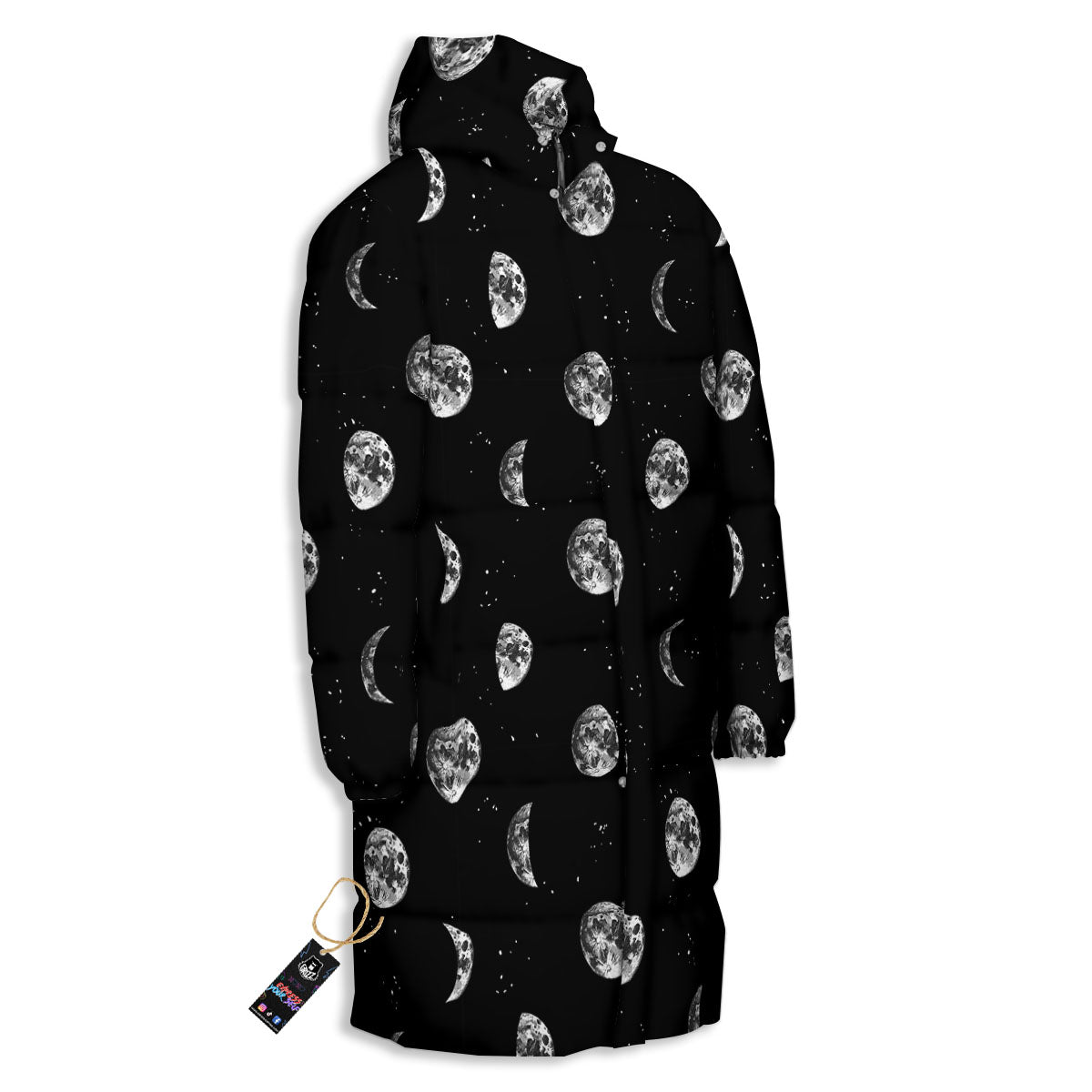 Stars And Moon Phase Print Pattern Long Down Jacket-grizzshop