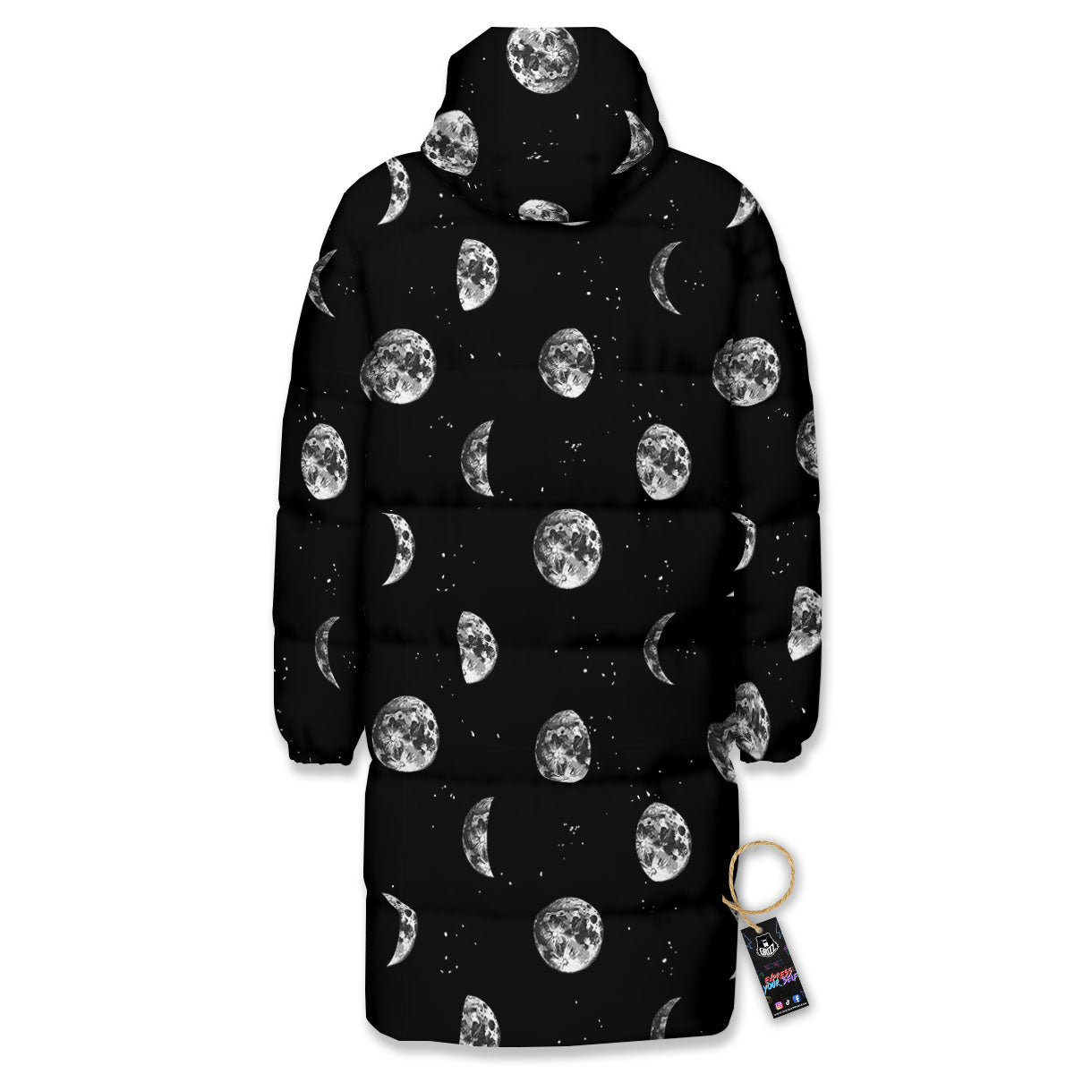 Stars And Moon Phase Print Pattern Long Down Jacket-grizzshop
