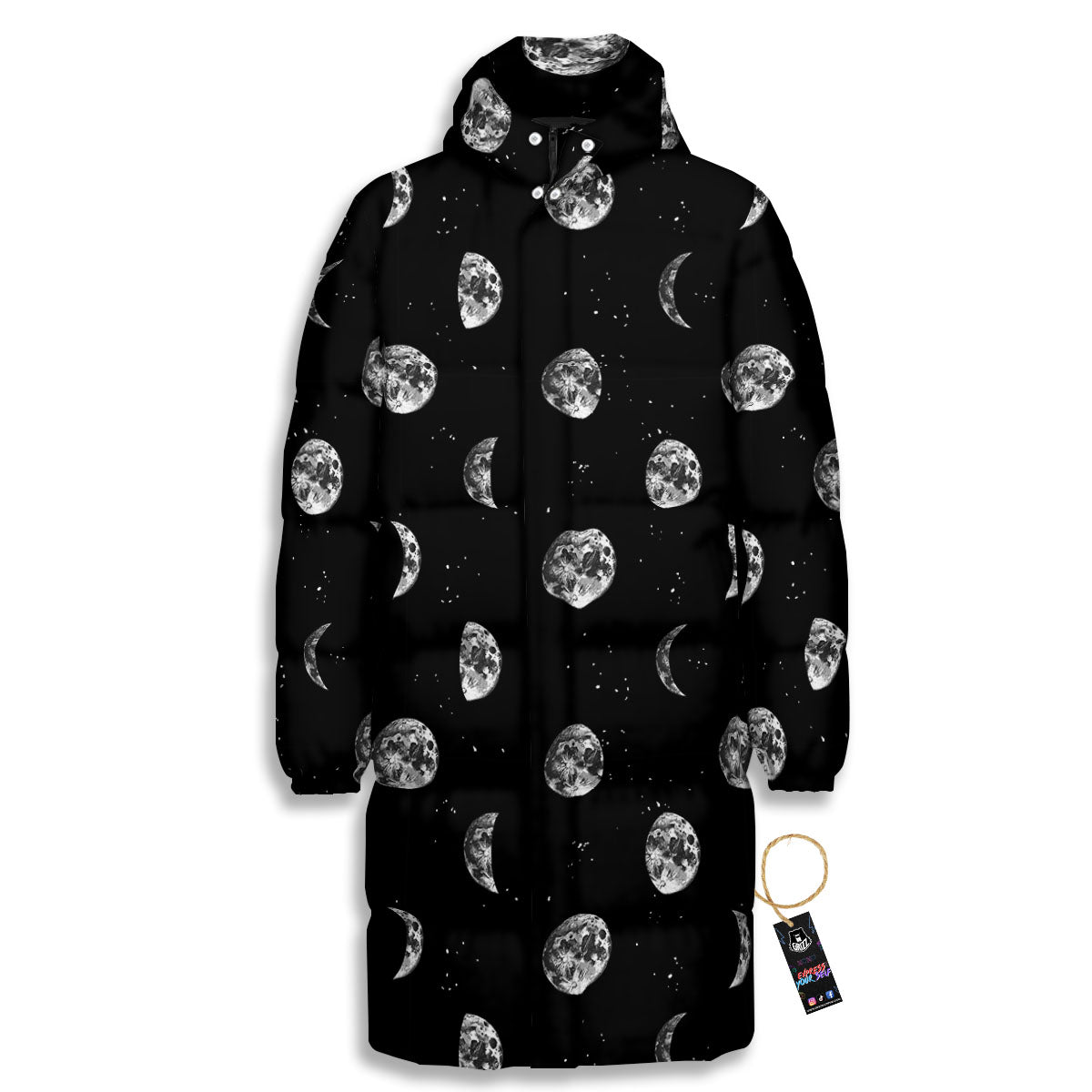 Stars And Moon Phase Print Pattern Long Down Jacket-grizzshop