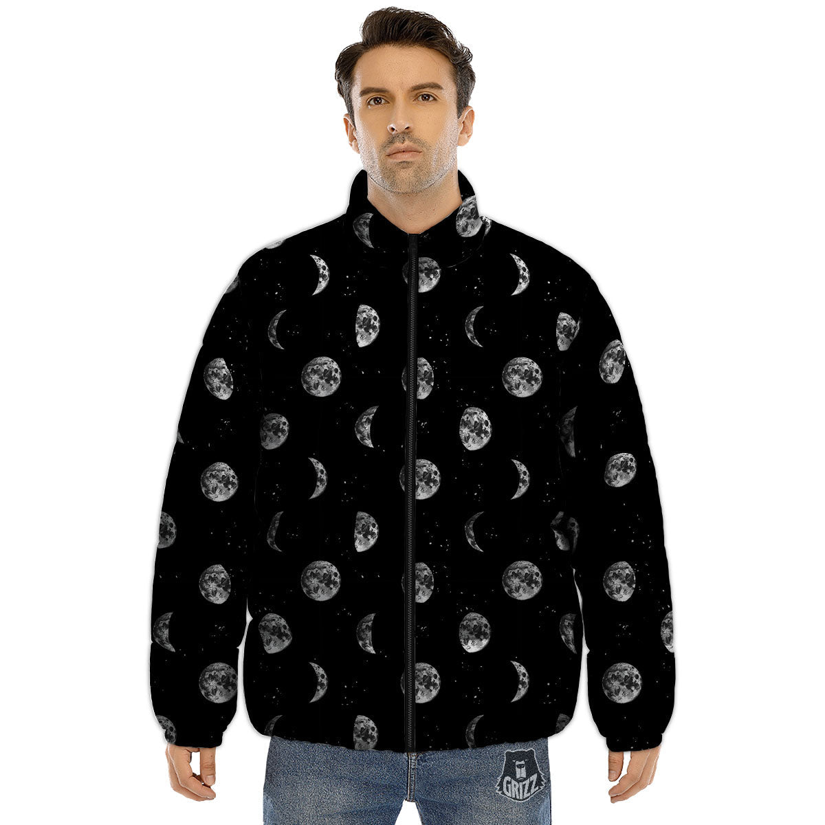 Stars And Moon Phase Print Pattern Puffer Jacket-grizzshop