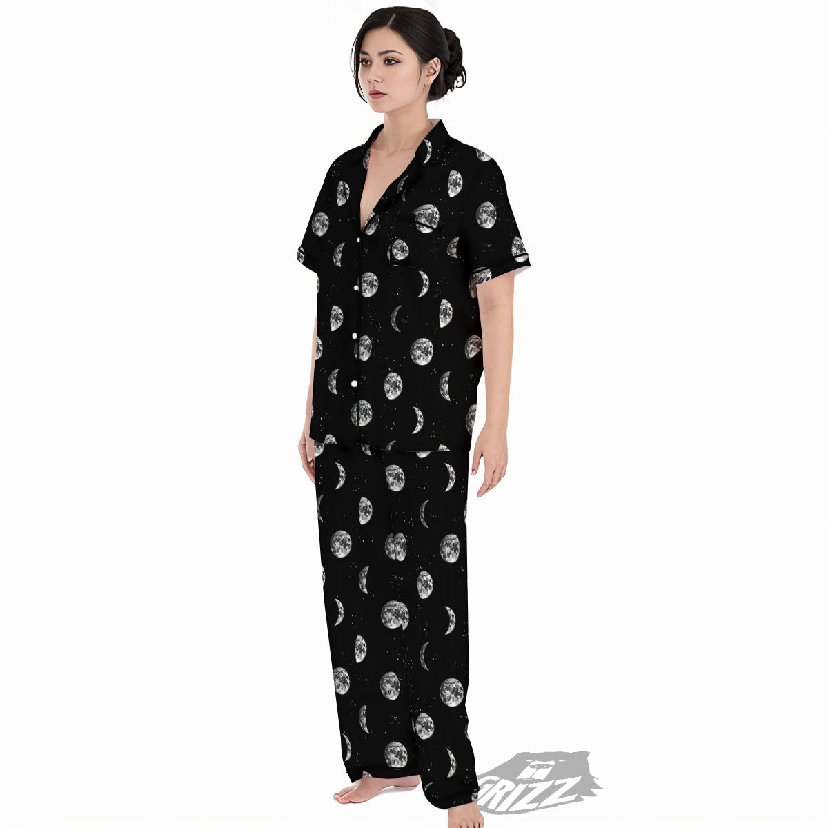 Stars And Moon Phase Print Pattern Women's Pajamas Set-grizzshop