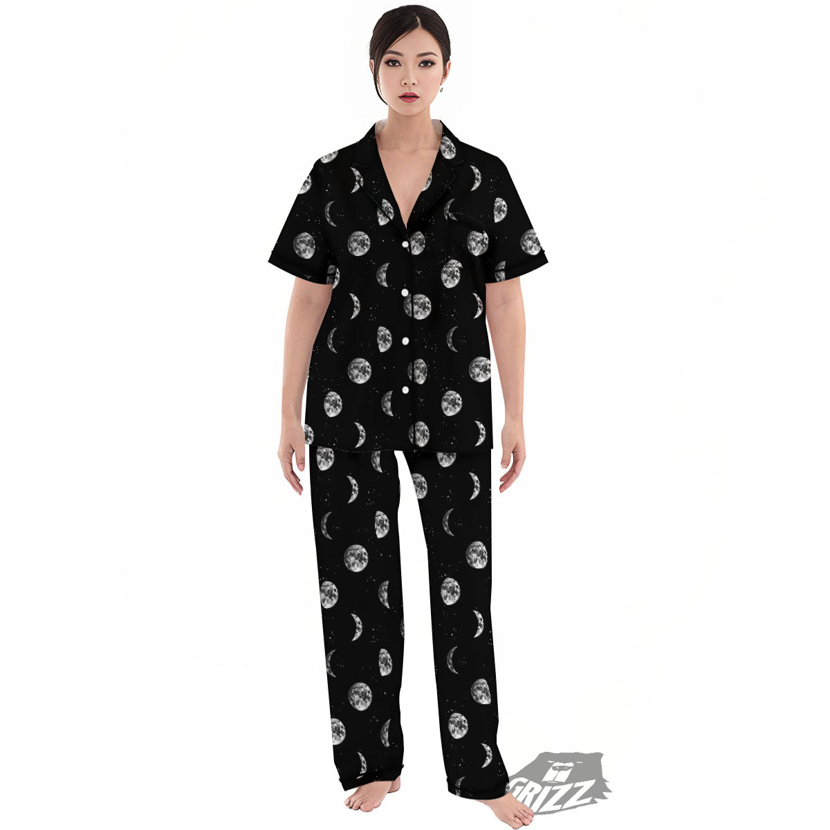 Stars And Moon Phase Print Pattern Women's Pajamas Set-grizzshop