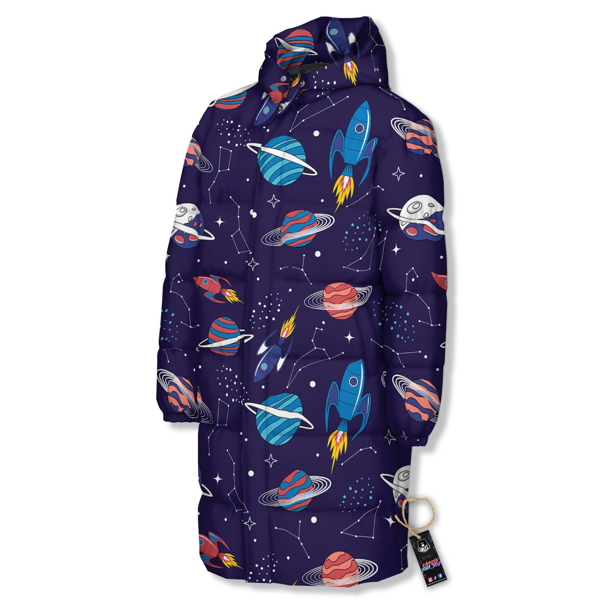 Stars And Rockets Print Pattern Long Down Jacket-grizzshop