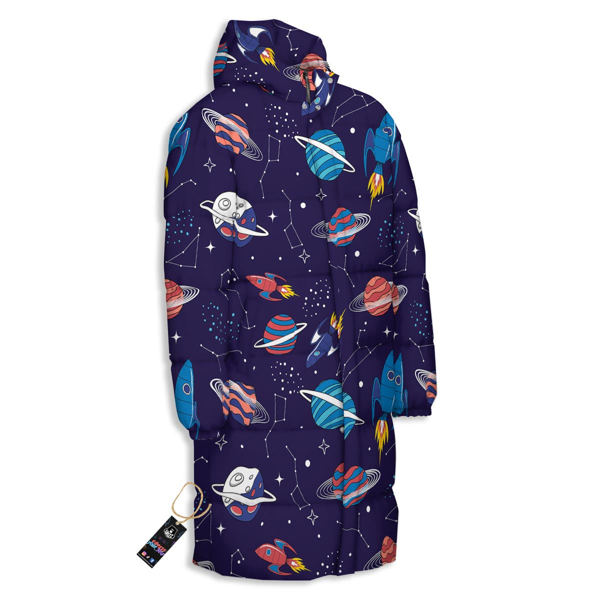 Stars And Rockets Print Pattern Long Down Jacket-grizzshop