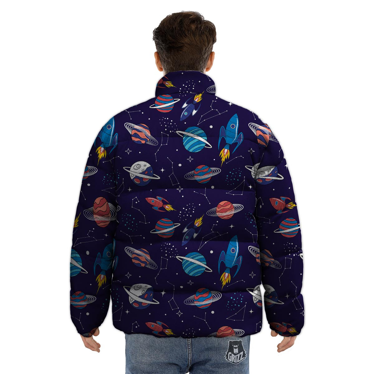 Stars And Rockets Print Pattern Puffer Jacket-grizzshop