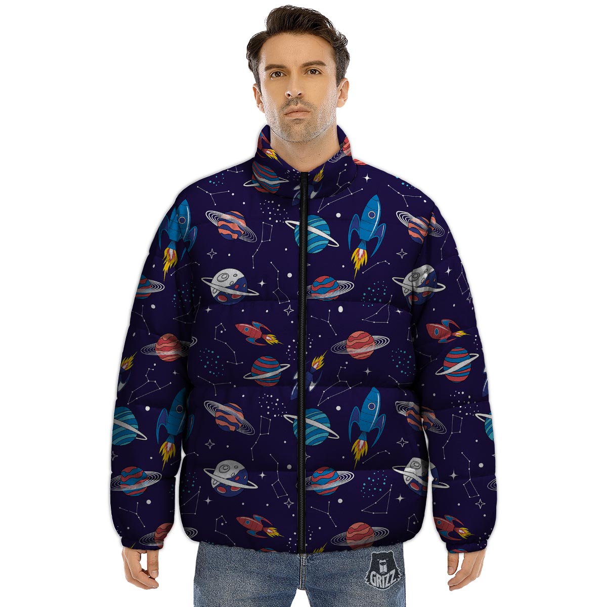 Stars And Rockets Print Pattern Puffer Jacket-grizzshop
