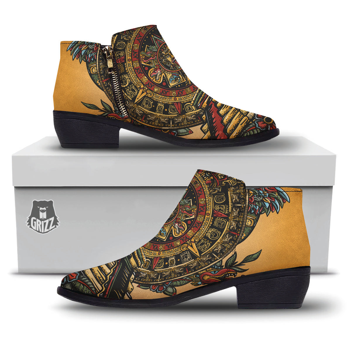 Statue Ancient Mayan Print Ankle Boots-grizzshop