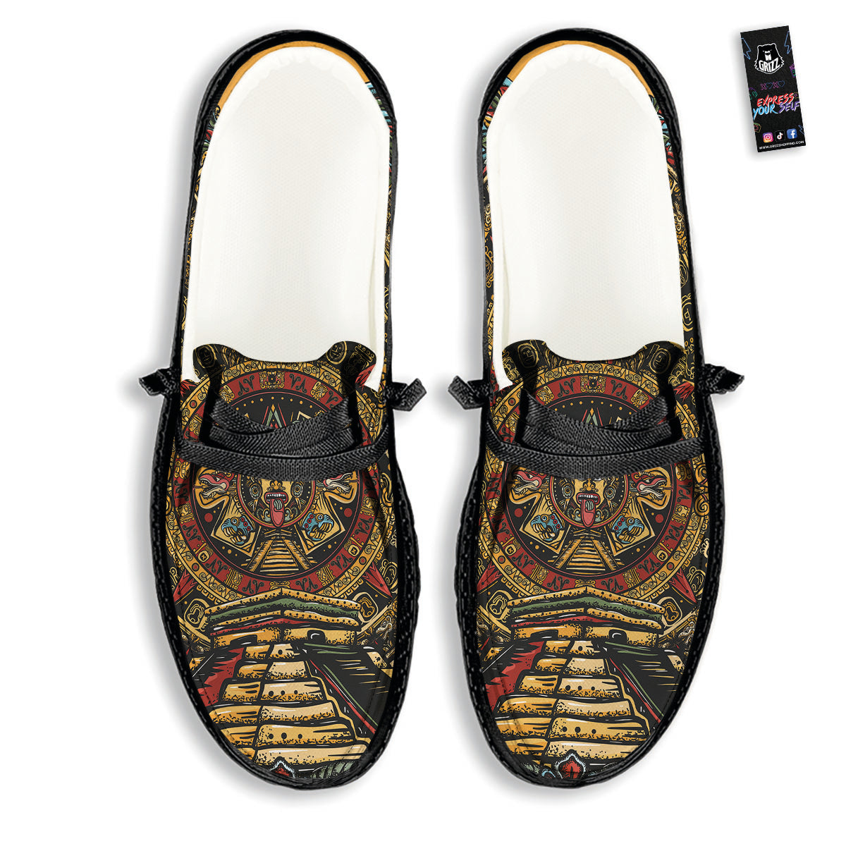 Statue Ancient Mayan Print Black Loafers-grizzshop
