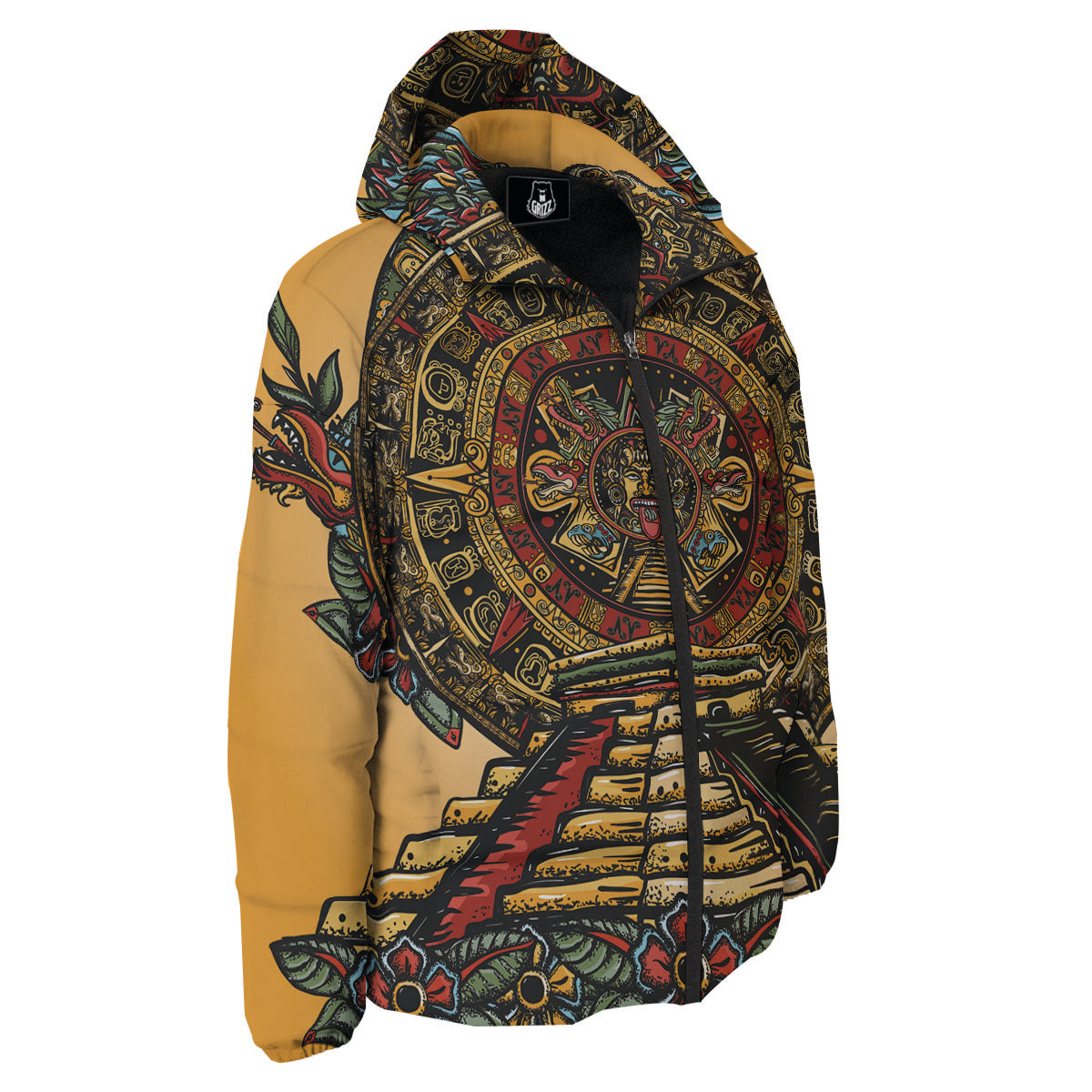 Statue Ancient Mayan Print Down Jacket-grizzshop