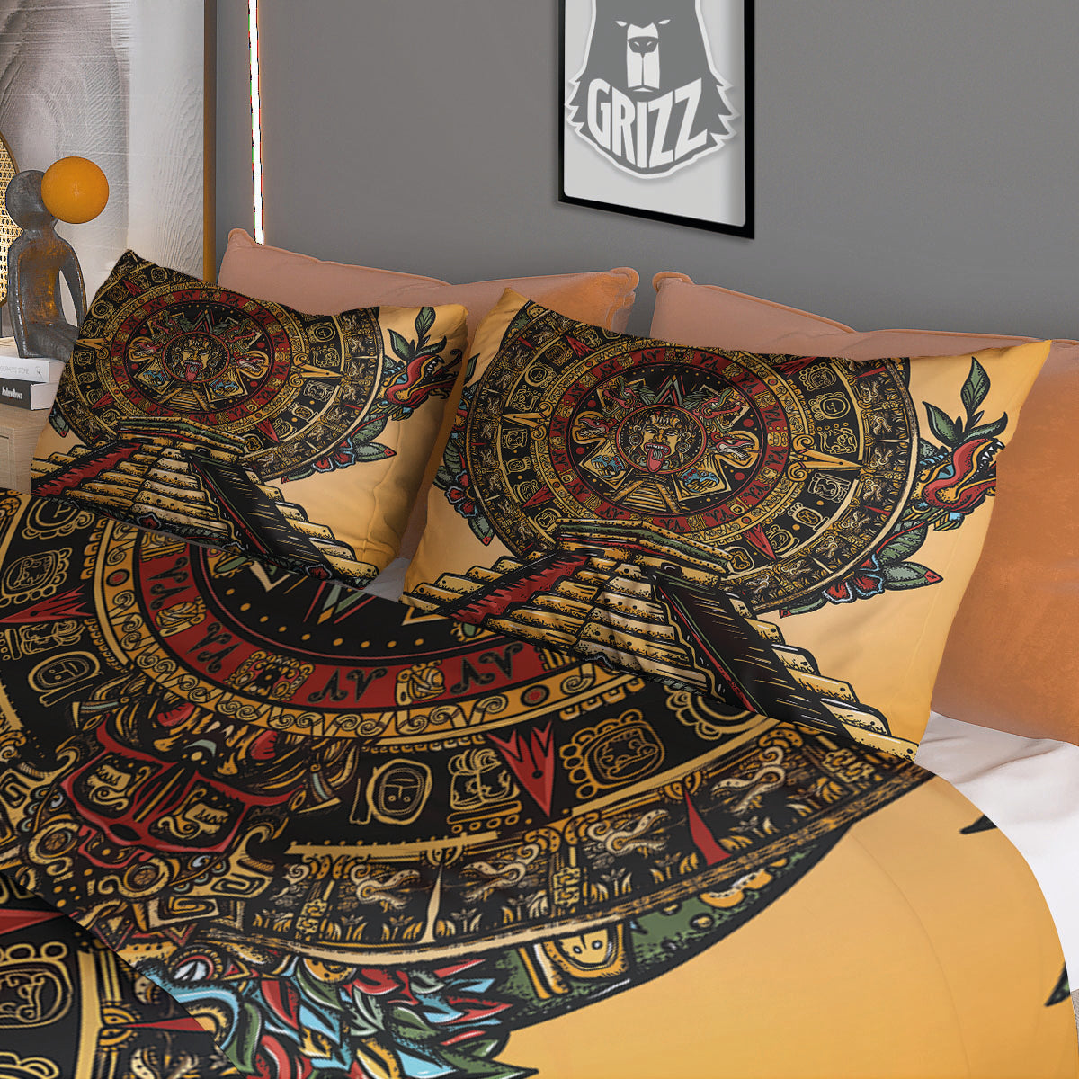 Statue Ancient Mayan Print Duvet Cover Bedding Set