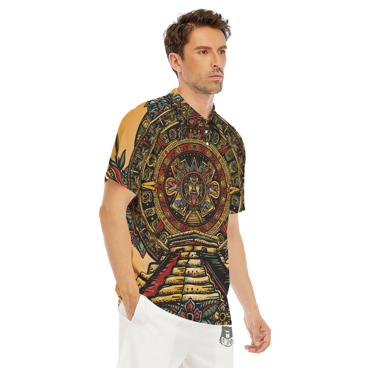 Statue Ancient Mayan Print Men's Golf Shirts-grizzshop